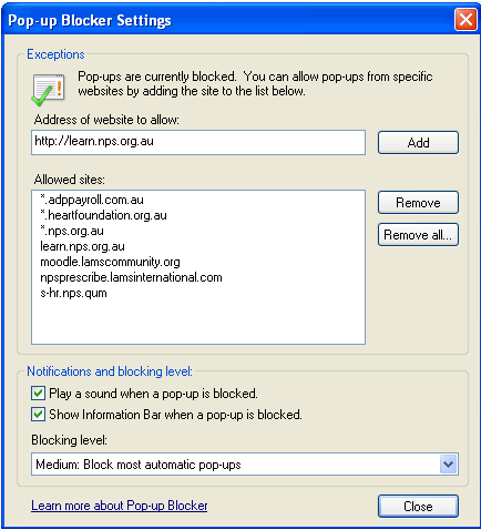 Image of Pop-up Blocker Settings window