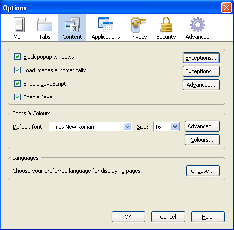 Image of Firefox Options window, with content tab selected