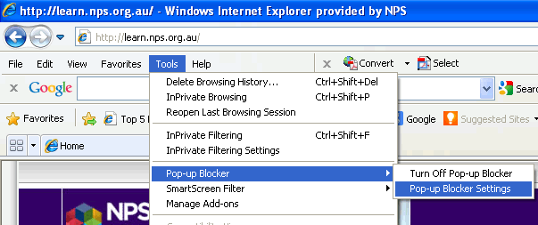 Image of computer window showing path Tools/Pop-up Blocker/Pop-up Blocker Settings