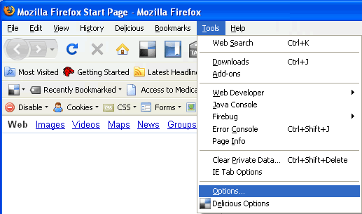 Image of Firefox window showing how to select Tools/Options