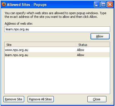 Image of 'Allowed Sites - popups' message box